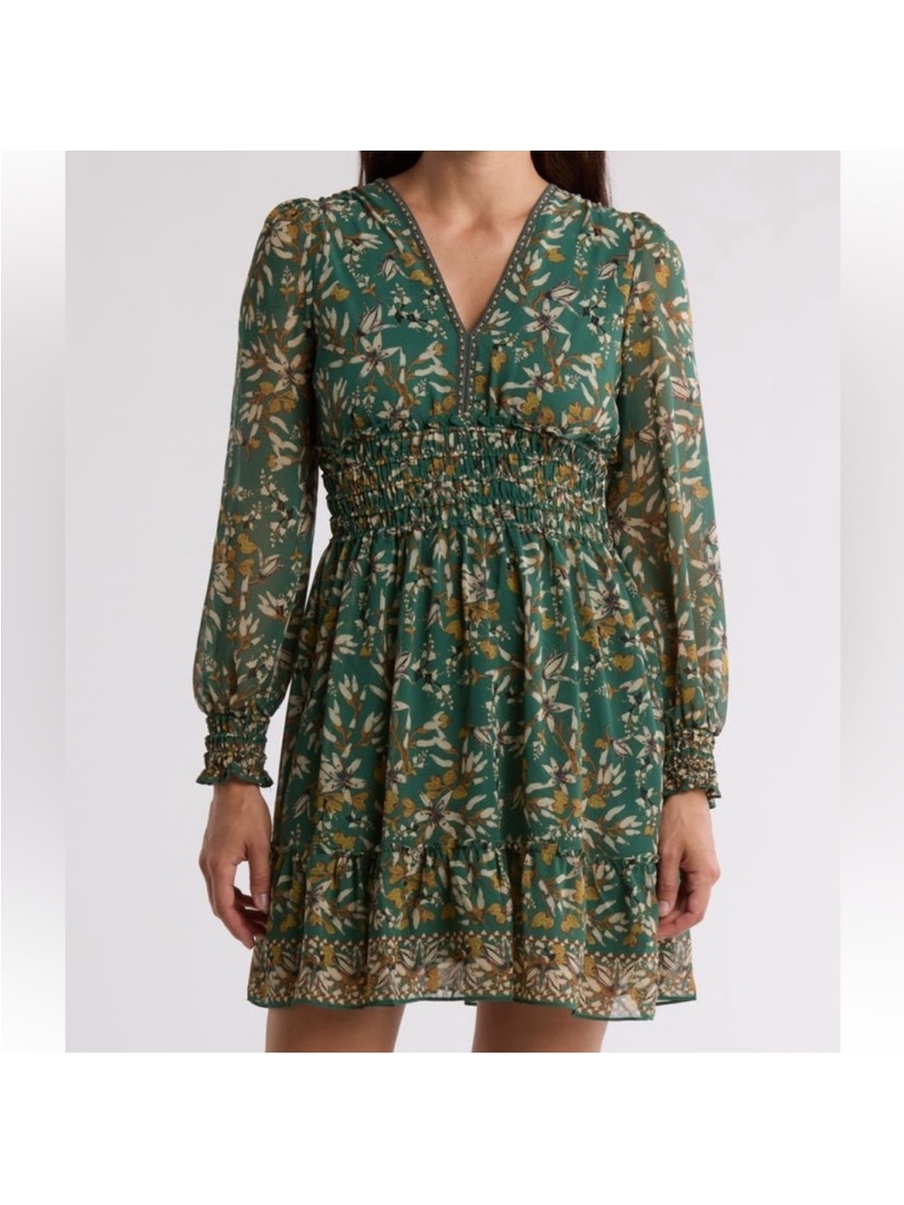 Max Studio Green Floral Long Sleeve Smocked-Waist Dress 19”Ptp 34” length
